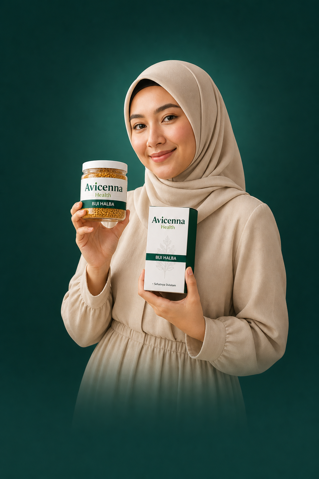 Model memegang produk Halba Avicenna Health